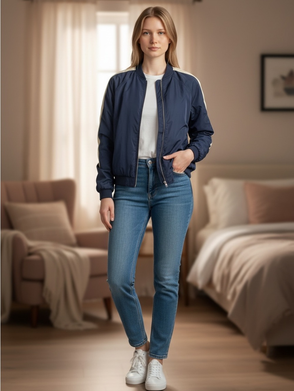 GAP Navy Bomber Jacket with White Shoulder Stripe